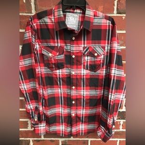 Most Official Seven Men's Button Down Long Sleeve Plaid Shirt  Red Black Medium